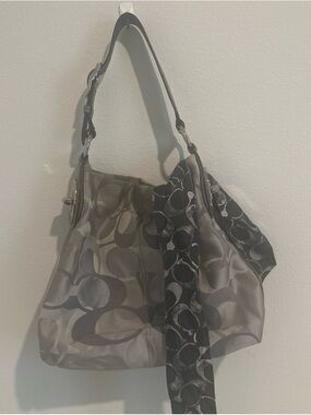 Coach Taupe Signature-Print Shoulder Bag with Scarf Accent